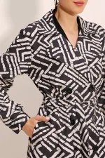 5853 Patterned Double-Breasted Trench Coat - C. Black