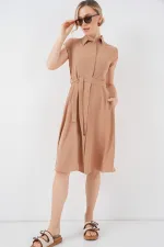 1677 Buttoned Belted Dress - Biscuit