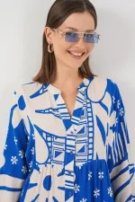 Kadın Desenli Uzun Tesettür Elbise 2585 - Mavi