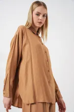 Kadın Dokulu Gömlek Pantolon İkili Takım 6710 - Camel