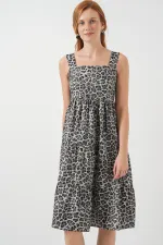 Kadın Desenli Askılı Midi Elbise 2577 - Antrasit