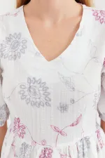 2506 Desenli V Yaka Mini Kloş Elbise - Ekru