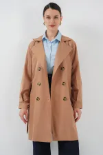 5864 Kruvaze Yaka Kısa Trençkot - Taba