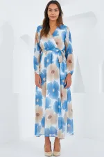 Robe en mousseline de soie à motifs floraux bleu beige pour femme 2134