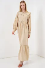 Kadın Bebe Yaka Uzun Tesettür Elbise 2592 - Bej