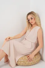 Kadın Sıfır Kol Kuşaklı Ayrobin Elbise 2568 - Krem