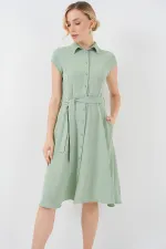 1677 Buttoned Belted Dress - E.Green