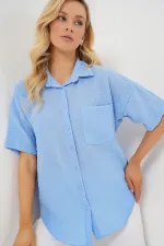 Women's Short Sleeve Linen Look Shirt 20336 - Blue