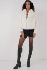 5186 Kruvaze Peluş Kürk Kaban - Beyaz