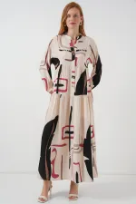 Kadın Desenli Uzun Tesettür Elbise 2585 - C.Krem