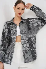 Women's Oversize Patterned Satin Shirt 20365 - Anthracite