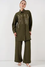 Patterned Tunic Trousers Two Piece Set 6720 - Khaki
