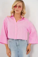 Kadın Çizgili Oversize Kısa Gömlek 20326 - Pembe