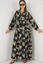 Kadın Desenli Uzun Tesettür Elbise 2585 - K. Siyah