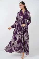 Kadın Desenli Uzun Tesettür Elbise 2585 - Mor