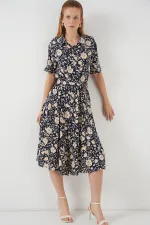 Kadın Kısa Kol Desenli Elbise 2560 - Lacivert