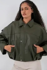 Kadın Oversize Deri Ceket 1055 - Haki