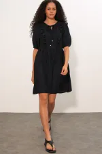 Women's Tie-Neck Short-Sleeve Ruched Dress 2600 - Black