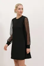 2467 Tül Kollu Mini Elbise - Siyah