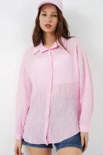 Kadın Uzun Oversize Gömlek 20320 - Pudra