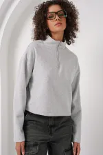 55449 Zippered Collar Knitted Sweatshirt - Gray