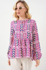 Kadın Desenli Uzun Kol Bluz 970 - Fuşya