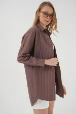 20217 Cep Detaylı Çizgili Oversize Gömlek - Kahverengi