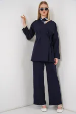 Kadın Yandan Bağlamalı Ceket Pantolon İkili Takım 30099 - Lacivert