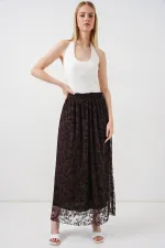 Kadın Flok Baskılı Astarlı Etek 8076 - Kahverengi