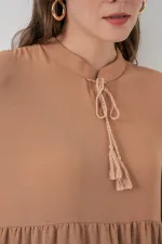 T1627 Yaka Bağcıklı Elbise - D.Vizon