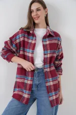 Kadın Ekose Desen Oversize Oduncu Gömlek 3854 A.Kiremit