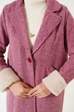 9145 Kadın Kolları Tüylü Balık Sırtı Kaşe Kaban - Bordo