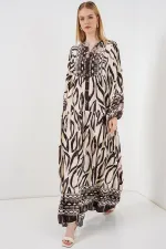 Kadın Desenli Uzun Tesettür Elbise 2585 - K. Taba