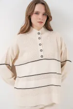 Ensemble deux pièces en maille rayée oversize pour femme 15957 - Écru