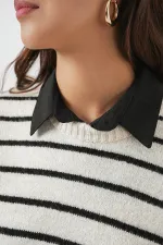 Kadın Çizgili Triko Süveter 15926 - Ekru