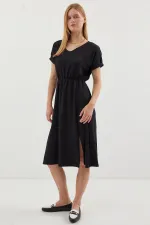 2378 V-Neck Slit Knitted Dress - Black