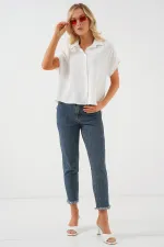 Kadın Oversize Kısa Kol Gömlek 20322 - Beyaz