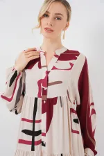 Kadın Desenli Uzun Tesettür Elbise 2585 - M. Krem