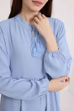 Kadın Mavi Yaka Bağcıklı Viskon Boydan Tesettür Elbise 1627