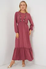 Kadın Nakışlı Uzun Tesettür Elbise 2550 - Gül Kurusu