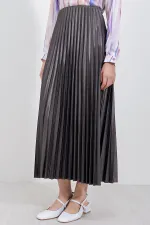 8009 Deri Görünümlü Piliseli Etek - Gri