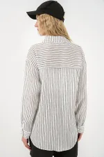 Kadın Tek Cepli Çizgili Oversize Gömlek 20375 - Beyaz Kadın Tek Cepli Çizgili Oversize Gömlek 20375 - Beyaz