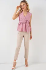 Kadın Kruvaze Yaka Kolsuz Bluz 966 - Pudra