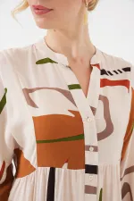 Kadın Desenli Uzun Tesettür Elbise 2585 - A.KREM