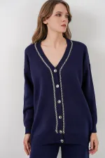 Ensemble deux pièces pour femme, cardigan et pantalon en maille, réf. 15956 - Bleu marine