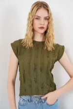 Women's Textured Sleeveless Knitted Stretch Blouse 991 - Khaki