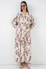 Women's Patterned Long Hijab Dress 2585 - I. Brown