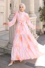 Kadın Desenli Uzun Tesettür Elbise 2586 - Pembe
