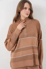 Kadın Çizgili Oversize Triko İkili Takım 15957 - Camel