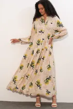 Women's Patterned Long Hijab Dress 2585 - Y. Yellow Women's Patterned Long Hijab Dress 2585 - Y. Yellow